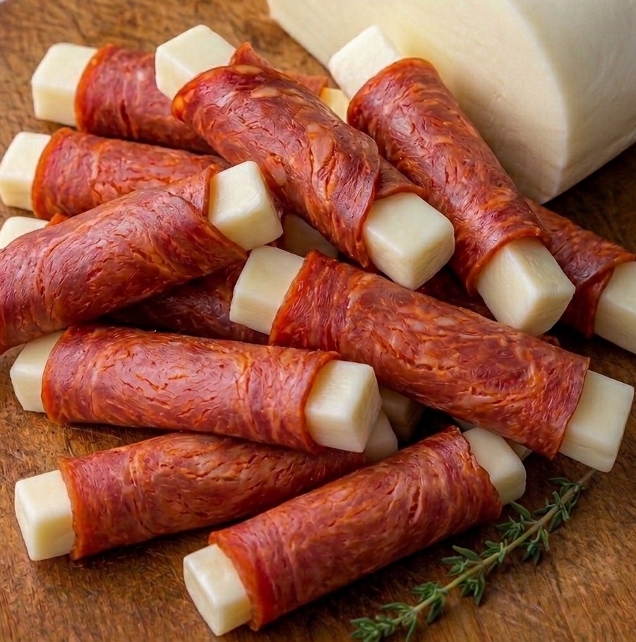 Bastones de queso envueltos en chorizo, el relleno de Chorizo y Queso.
