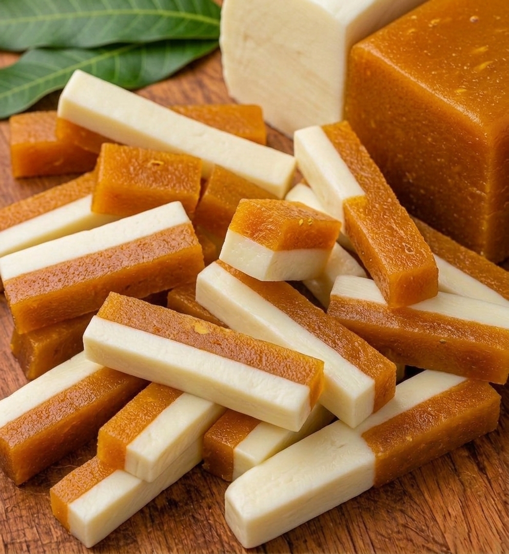 Bastones de queso y mango en capas, el relleno del sabor Mango de temporada.