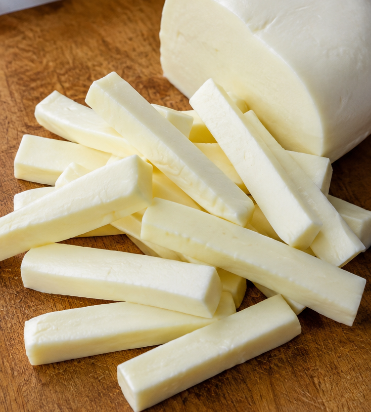 Bastones de queso mozzarella fresco recién cortado.